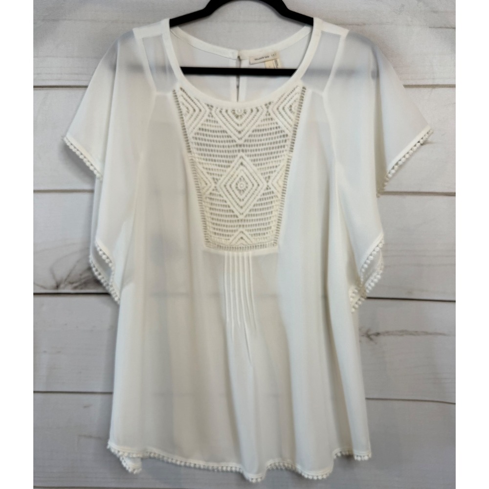 Meadow Rue Anthropologie Ivory Crochet Bib Flutter Sleeve Pom Pom Blouse Large